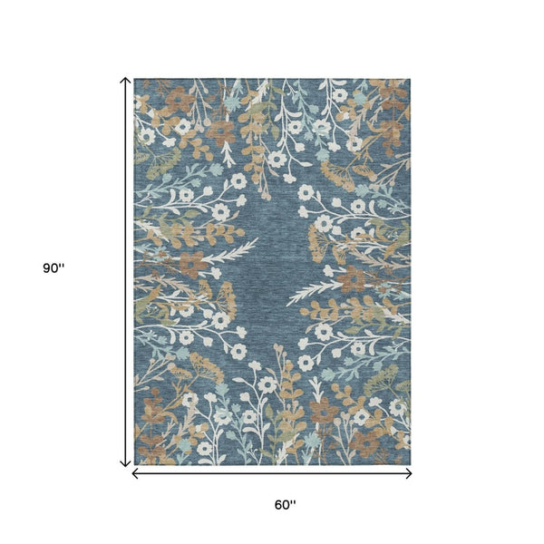 HomeRoots 5' X 8' Floral Area Rug in Denim Blue & Beige – Washable, Durable Design for Indoor & Outdoor Use 659863