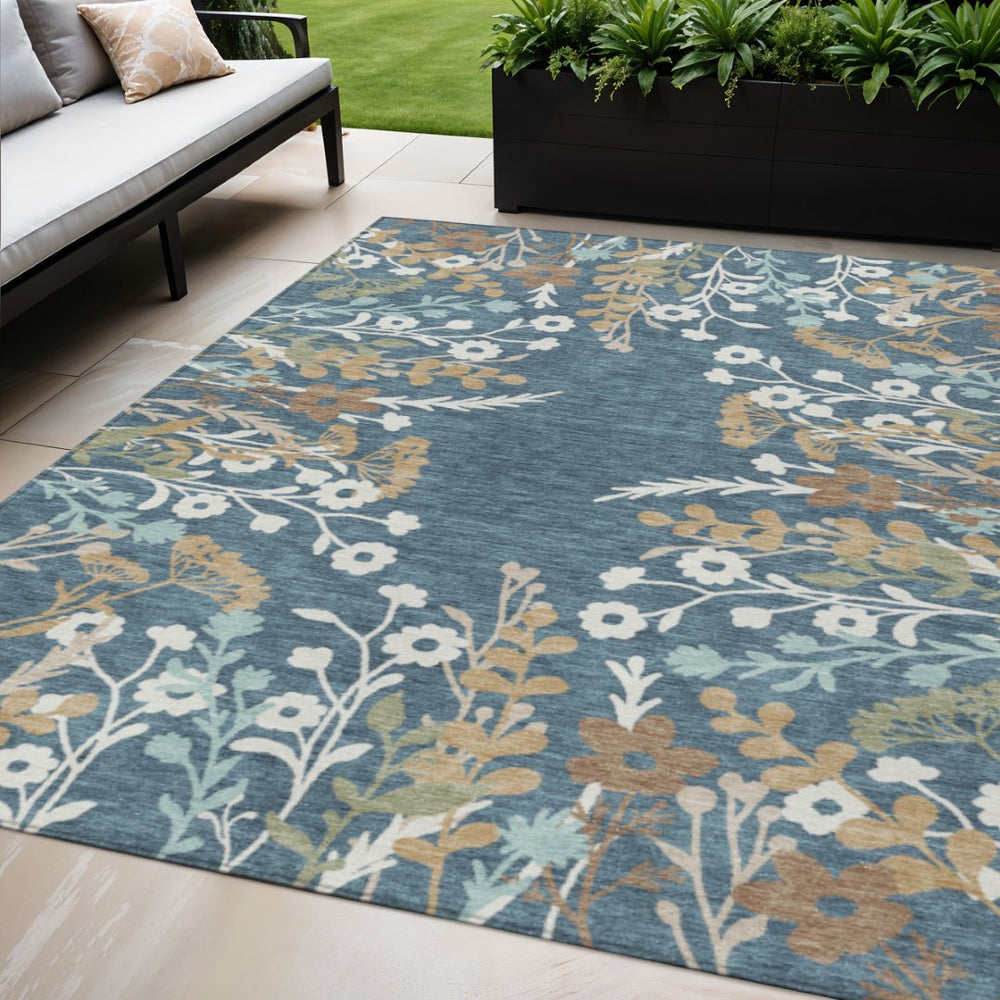 HomeRoots 5' X 8' Floral Area Rug in Denim Blue & Beige – Washable, Durable Design for Indoor & Outdoor Use 659863