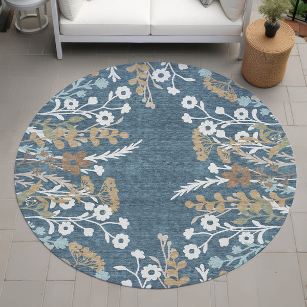 HomeRoots 8' Washable Round Floral Area Rug in Denim Blue, Brown & Beige - Perfect for Indoor & Outdoor Use! 659864