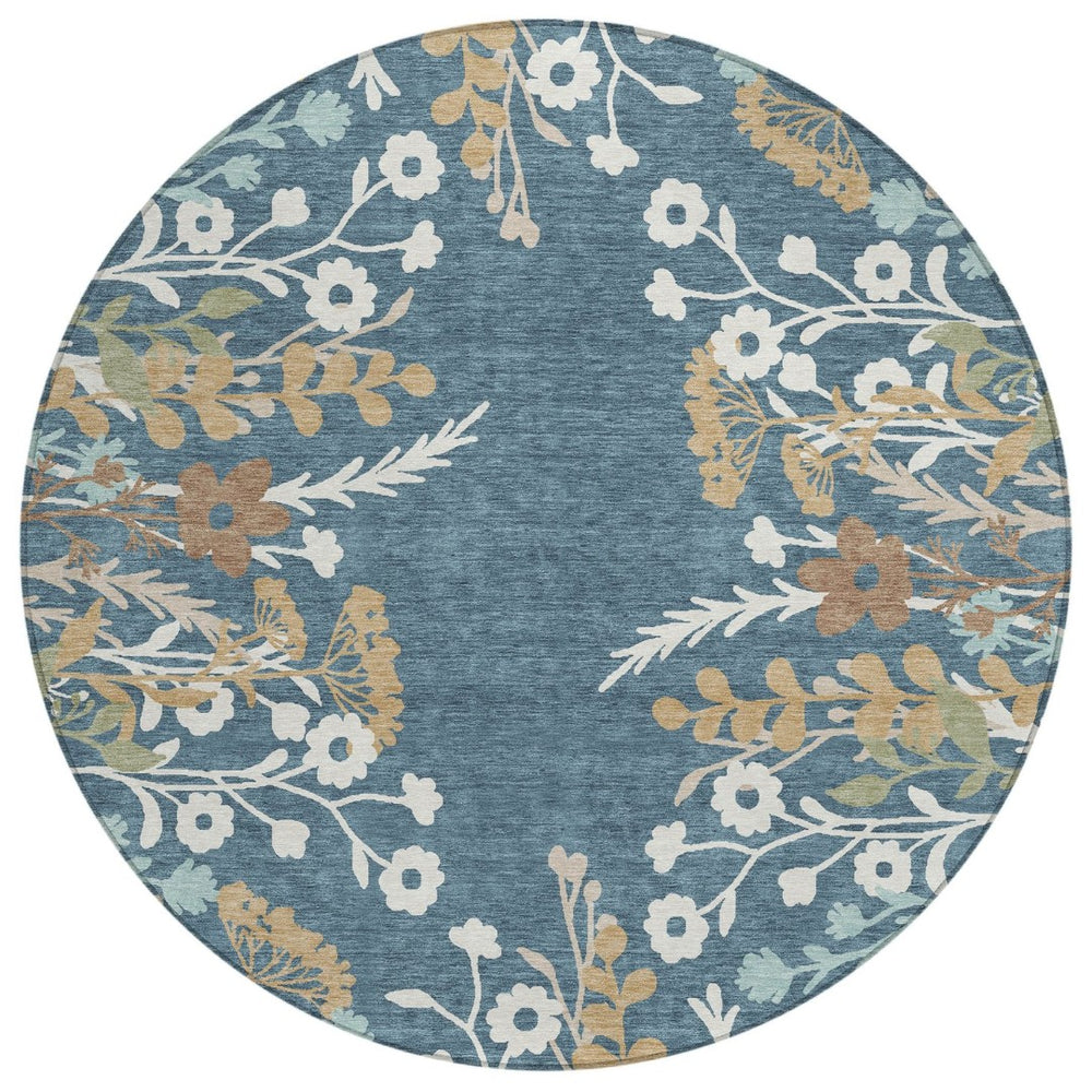 HomeRoots 8' Washable Round Floral Area Rug in Denim Blue, Brown & Beige - Perfect for Indoor & Outdoor Use! 659864