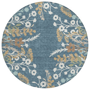 HomeRoots 8' Washable Round Floral Area Rug in Denim Blue, Brown & Beige - Perfect for Indoor & Outdoor Use! 659864