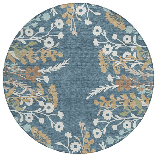 HomeRoots 8' Washable Round Floral Area Rug in Denim Blue, Brown & Beige - Perfect for Indoor & Outdoor Use! 659864