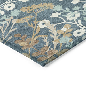 HomeRoots 8' Washable Round Floral Area Rug in Denim Blue, Brown & Beige - Perfect for Indoor & Outdoor Use! 659864