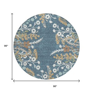 HomeRoots 8' Washable Round Floral Area Rug in Denim Blue, Brown & Beige - Perfect for Indoor & Outdoor Use! 659864