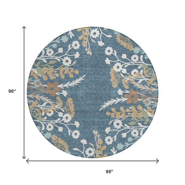 HomeRoots 8' Washable Round Floral Area Rug in Denim Blue, Brown & Beige - Perfect for Indoor & Outdoor Use! 659864