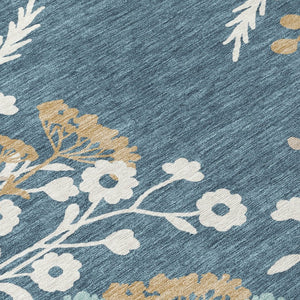 HomeRoots 8' Washable Round Floral Area Rug in Denim Blue, Brown & Beige - Perfect for Indoor & Outdoor Use! 659864