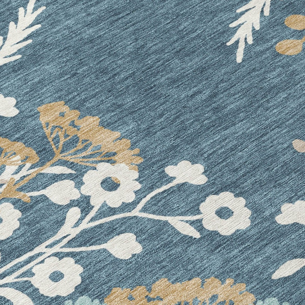 HomeRoots 8' Washable Round Floral Area Rug in Denim Blue, Brown & Beige - Perfect for Indoor & Outdoor Use! 659864
