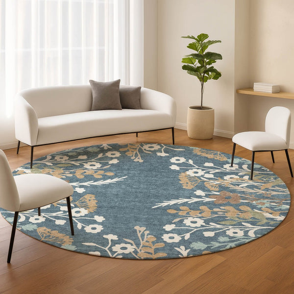 HomeRoots 8' Washable Round Floral Area Rug in Denim Blue, Brown & Beige - Perfect for Indoor & Outdoor Use! 659864