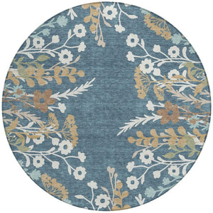 HomeRoots 8' Washable Round Floral Area Rug in Denim Blue, Brown & Beige - Perfect for Indoor & Outdoor Use! 659864