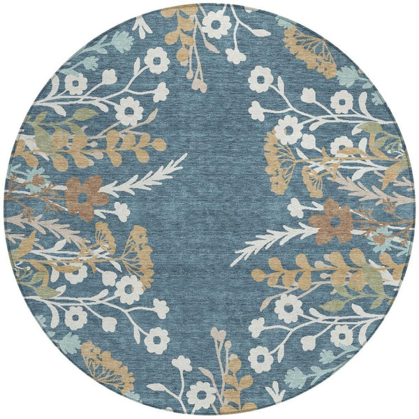 HomeRoots 8' Washable Round Floral Area Rug in Denim Blue, Brown & Beige - Perfect for Indoor & Outdoor Use! 659864