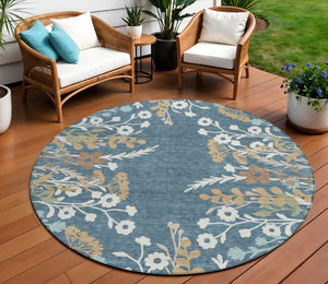 HomeRoots 8' Washable Round Floral Area Rug in Denim Blue, Brown & Beige - Perfect for Indoor & Outdoor Use! 659864