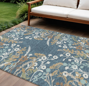 HomeRoots 8' Indoor Outdoor Washable Area Rug - Denim Blue, Brown & Beige Floral Design for High Traffic Spaces 659865