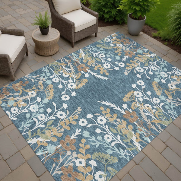 HomeRoots 8' Indoor Outdoor Washable Area Rug - Denim Blue, Brown & Beige Floral Design for High Traffic Spaces 659865