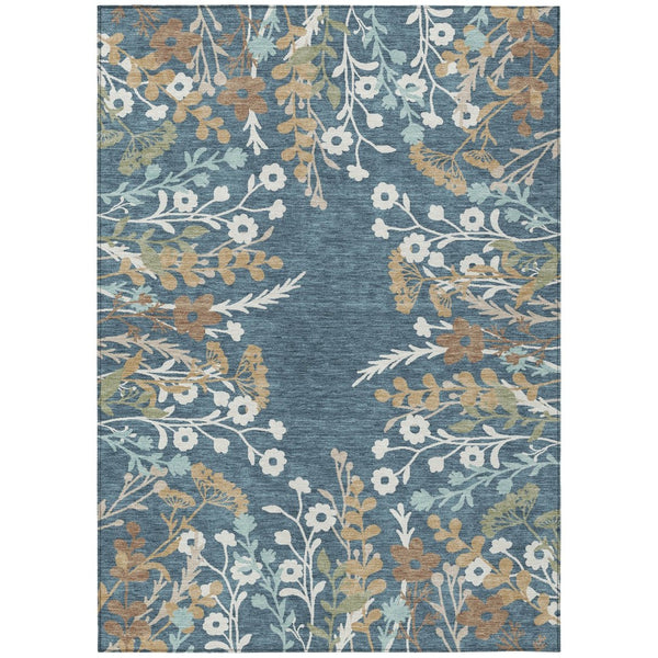 HomeRoots 8' Indoor Outdoor Washable Area Rug - Denim Blue, Brown & Beige Floral Design for High Traffic Spaces 659865