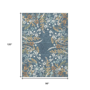 HomeRoots 8' Indoor Outdoor Washable Area Rug - Denim Blue, Brown & Beige Floral Design for High Traffic Spaces 659865