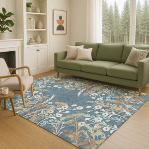 HomeRoots 8' Indoor Outdoor Washable Area Rug - Denim Blue, Brown & Beige Floral Design for High Traffic Spaces 659865
