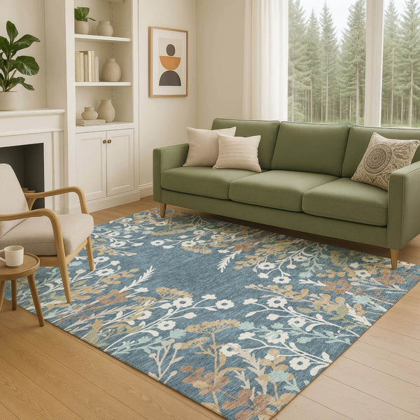 HomeRoots 8' Indoor Outdoor Washable Area Rug - Denim Blue, Brown & Beige Floral Design for High Traffic Spaces 659865