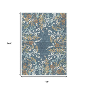 HomeRoots 9' Durable Floral Indoor Outdoor Area Rug in Denim Blue, Brown & Beige - Stylish & Washable Design 659866