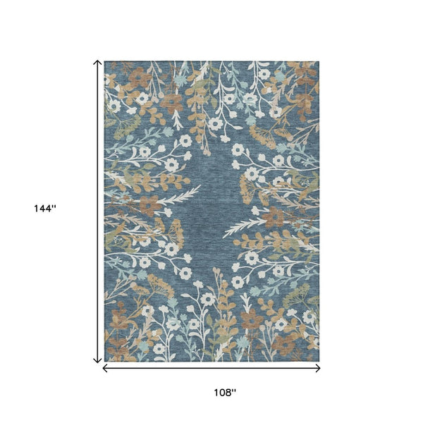 HomeRoots 9' Durable Floral Indoor Outdoor Area Rug in Denim Blue, Brown & Beige - Stylish & Washable Design 659866