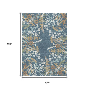 HomeRoots 10' Stylish Denim Blue Brown Beige Floral Area Rug - Washable for Indoor/Outdoor High Traffic Areas 659867