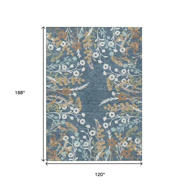 HomeRoots 10' Stylish Denim Blue Brown Beige Floral Area Rug - Washable for Indoor/Outdoor High Traffic Areas 659867