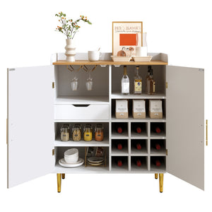 English Elm Modern Fluted Bar Cabinet with Wine Rack Glass Holders Adjustable Shelving and Hidden Drawer White N728P438606W