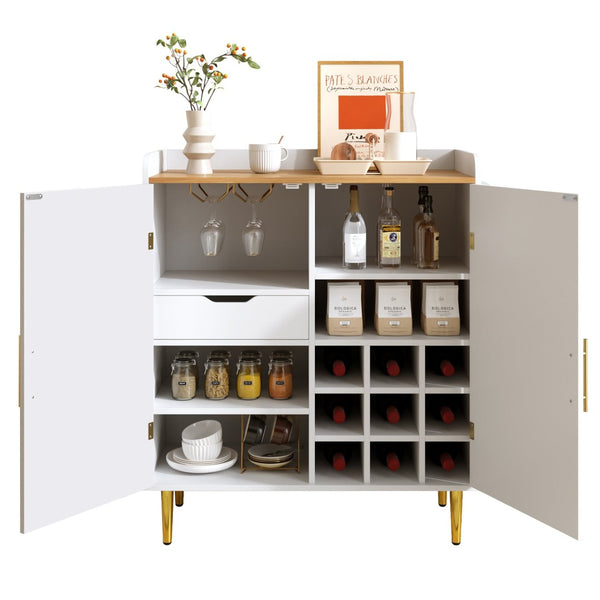 English Elm Modern Fluted Bar Cabinet with Wine Rack Glass Holders Adjustable Shelving and Hidden Drawer White N728P438606W