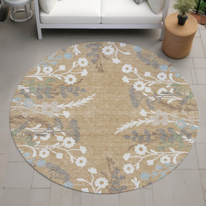 HomeRoots 8' Elegant Gold Gray Ivory Round Floral Rug - Washable Indoor/Outdoor Area Rug for Any Space 659870