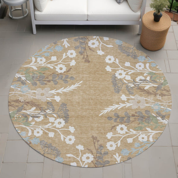 HomeRoots 8' Elegant Gold Gray Ivory Round Floral Rug - Washable Indoor/Outdoor Area Rug for Any Space 659870
