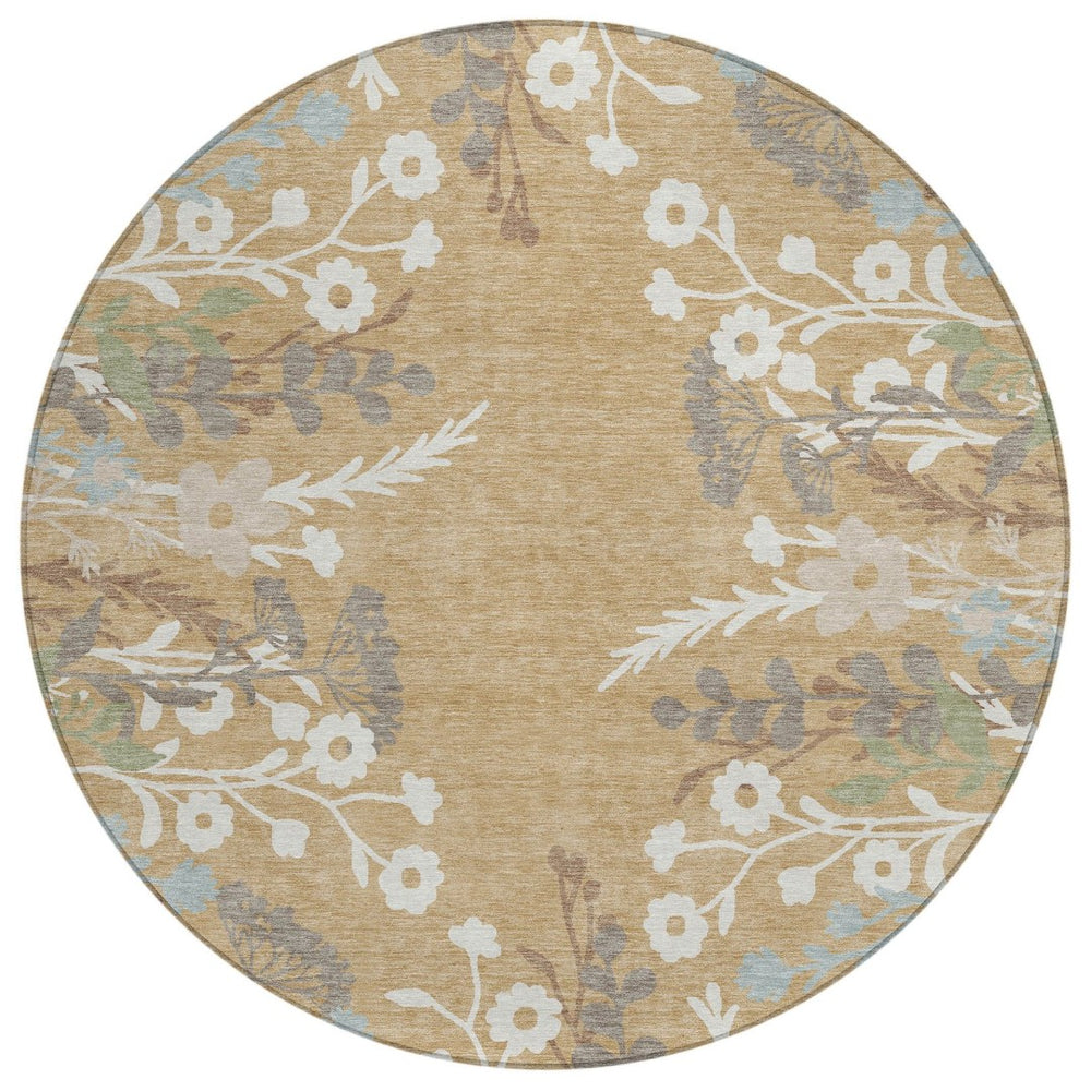 HomeRoots 8' Elegant Gold Gray Ivory Round Floral Rug - Washable Indoor/Outdoor Area Rug for Any Space 659870