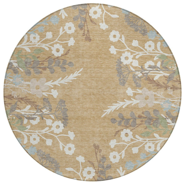 HomeRoots 8' Elegant Gold Gray Ivory Round Floral Rug - Washable Indoor/Outdoor Area Rug for Any Space 659870