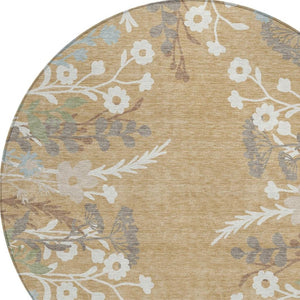 HomeRoots 8' Elegant Gold Gray Ivory Round Floral Rug - Washable Indoor/Outdoor Area Rug for Any Space 659870