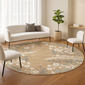 HomeRoots 8' Elegant Gold Gray Ivory Round Floral Rug - Washable Indoor/Outdoor Area Rug for Any Space 659870