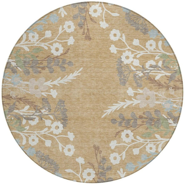 HomeRoots 8' Elegant Gold Gray Ivory Round Floral Rug - Washable Indoor/Outdoor Area Rug for Any Space 659870