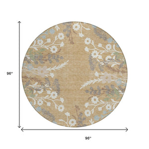HomeRoots 8' Elegant Gold Gray Ivory Round Floral Rug - Washable Indoor/Outdoor Area Rug for Any Space 659870