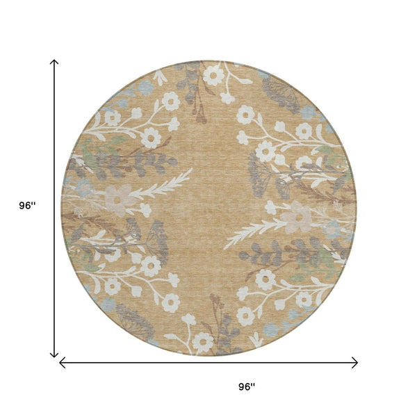 HomeRoots 8' Elegant Gold Gray Ivory Round Floral Rug - Washable Indoor/Outdoor Area Rug for Any Space 659870