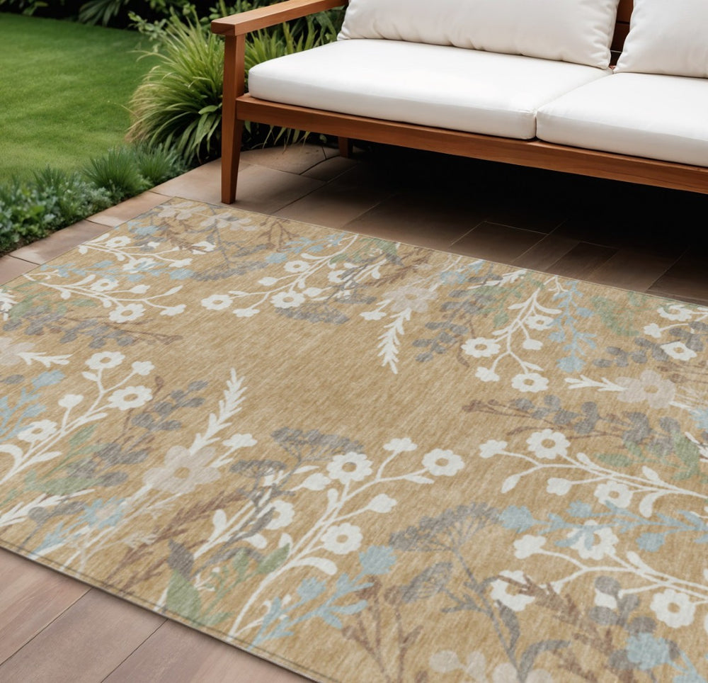 HomeRoots 8' X 10' Floral Area Rug in Gold, Gray & Ivory - Washable, Durable for Indoor & Outdoor Spaces! 659871