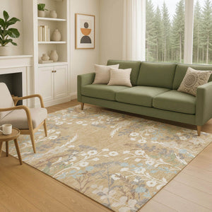 HomeRoots 8' X 10' Floral Area Rug in Gold, Gray & Ivory - Washable, Durable for Indoor & Outdoor Spaces! 659871