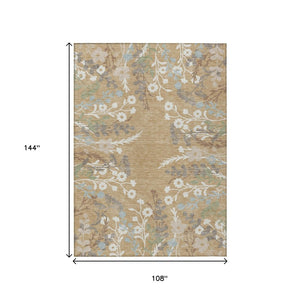HomeRoots 9' Gold Gray Ivory Floral Washable Area Rug – Durable, Elegant, Indoor/Outdoor Design for Any Space 659872