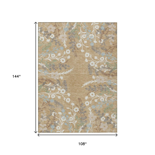 HomeRoots 9' Gold Gray Ivory Floral Washable Area Rug – Durable, Elegant, Indoor/Outdoor Design for Any Space 659872
