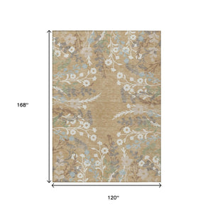 HomeRoots 10' Gold, Gray & Ivory Floral Washable Area Rug – Durable Indoor/Outdoor Design for High-Traffic Areas 659873