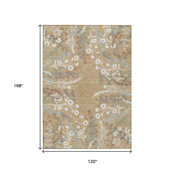 HomeRoots 10' Gold, Gray & Ivory Floral Washable Area Rug – Durable Indoor/Outdoor Design for High-Traffic Areas 659873