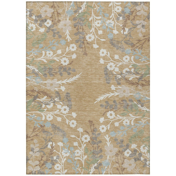 HomeRoots 10' Gold, Gray & Ivory Floral Washable Area Rug – Durable Indoor/Outdoor Design for High-Traffic Areas 659873