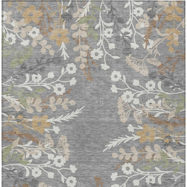 HomeRoots 5' Elegant Gray, Ivory & Beige Floral Washable Area Rug for Indoor & Outdoor Versatile Living Spaces 659875