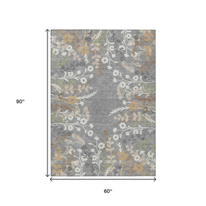 HomeRoots 5' Elegant Gray, Ivory & Beige Floral Washable Area Rug for Indoor & Outdoor Versatile Living Spaces 659875