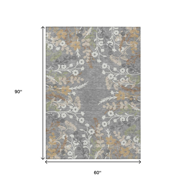 HomeRoots 5' Elegant Gray, Ivory & Beige Floral Washable Area Rug for Indoor & Outdoor Versatile Living Spaces 659875