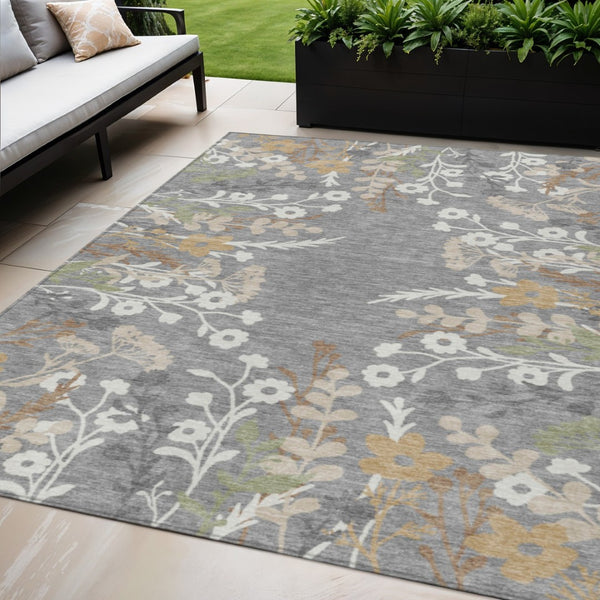 HomeRoots 5' Elegant Gray, Ivory & Beige Floral Washable Area Rug for Indoor & Outdoor Versatile Living Spaces 659875