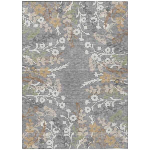 HomeRoots 5' Elegant Gray, Ivory & Beige Floral Washable Area Rug for Indoor & Outdoor Versatile Living Spaces 659875