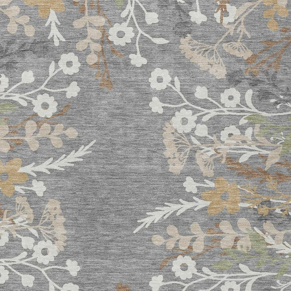HomeRoots 5' Elegant Gray, Ivory & Beige Floral Washable Area Rug for Indoor & Outdoor Versatile Living Spaces 659875