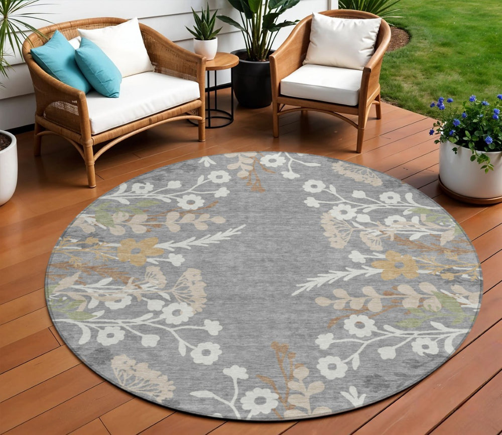 HomeRoots 8' Gray Ivory and Beige Round Floral Area Rug - Durable, Washable, Perfect for Indoor & Outdoor Use 659876